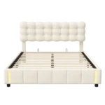Lit rembourré Lazyspace, lit double, avec capteur de lumière, espace de rangement et sommier à lattes, tête de lit en velours doux, lit pour jeunes, beige 12