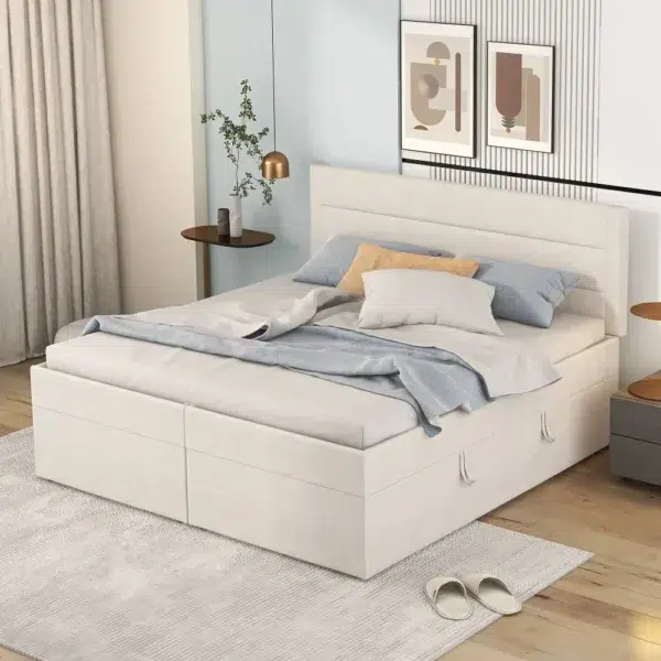 Chambre à coucher moderne simple, lit double rembourré, 200x140 cm, cadre à lattes en métal, grand espace de rangement, peut être ouvert des deux côtés 5