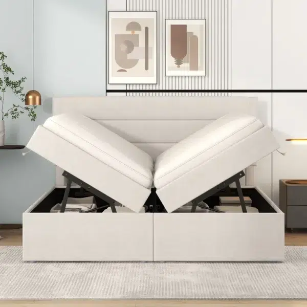 Chambre à coucher moderne simple, lit double rembourré, 200x140 cm, cadre à lattes en métal, grand espace de rangement, peut être ouvert des deux côtés 4