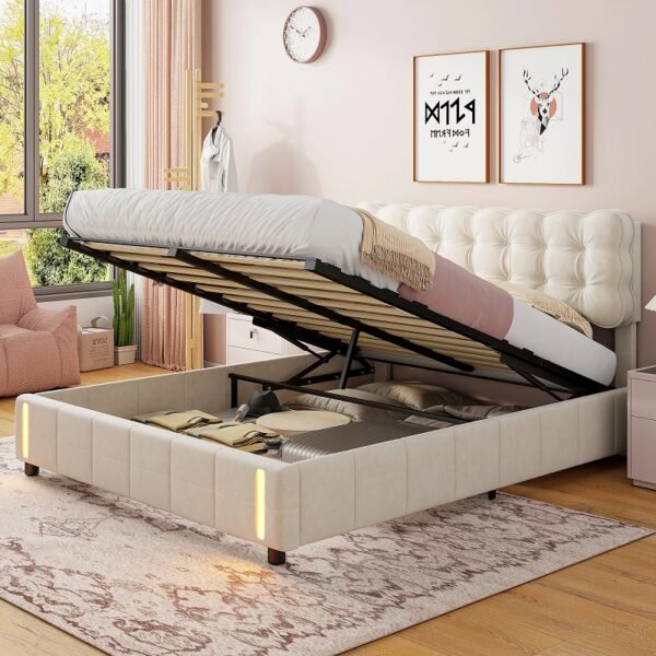 Lit coffre velours beige 160x200